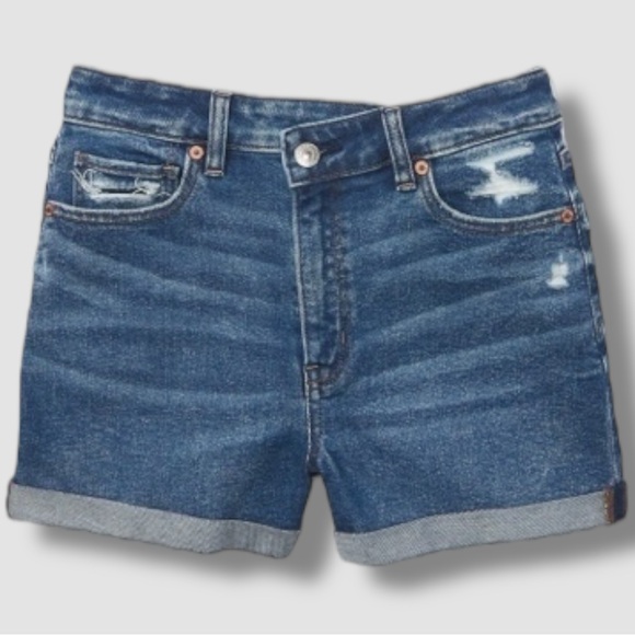 American Eagle Outfitters Pants - American Eagle Stretch Crossover Denim Mom Short Size 10 High Rise Cuffed Blue